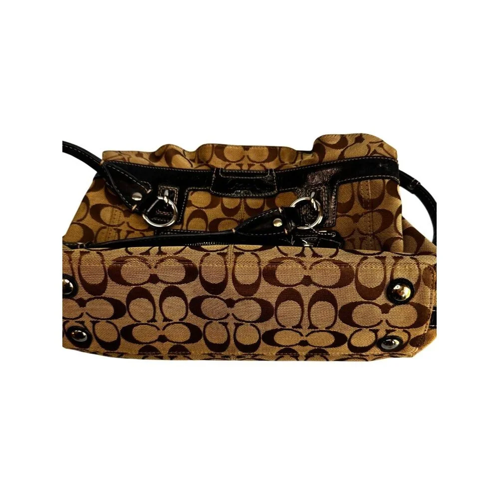 Coach Signature C Tote Bag Khaki Brown Black Leather Trim With Wristlet F14686 - Picture 7 of 8